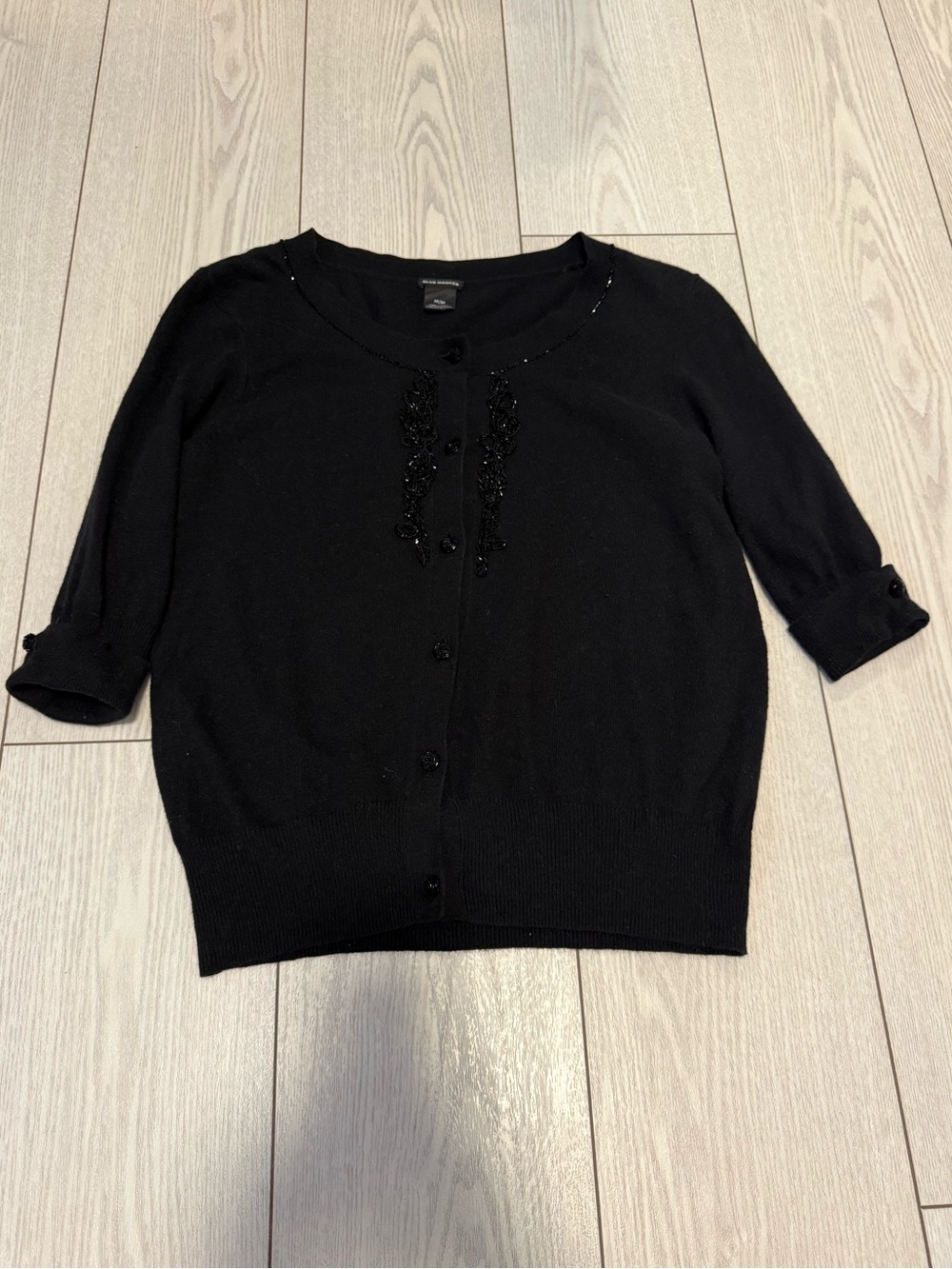 Club Monaco beaded black cardigan medium crop cotton cashmere rabbit classic